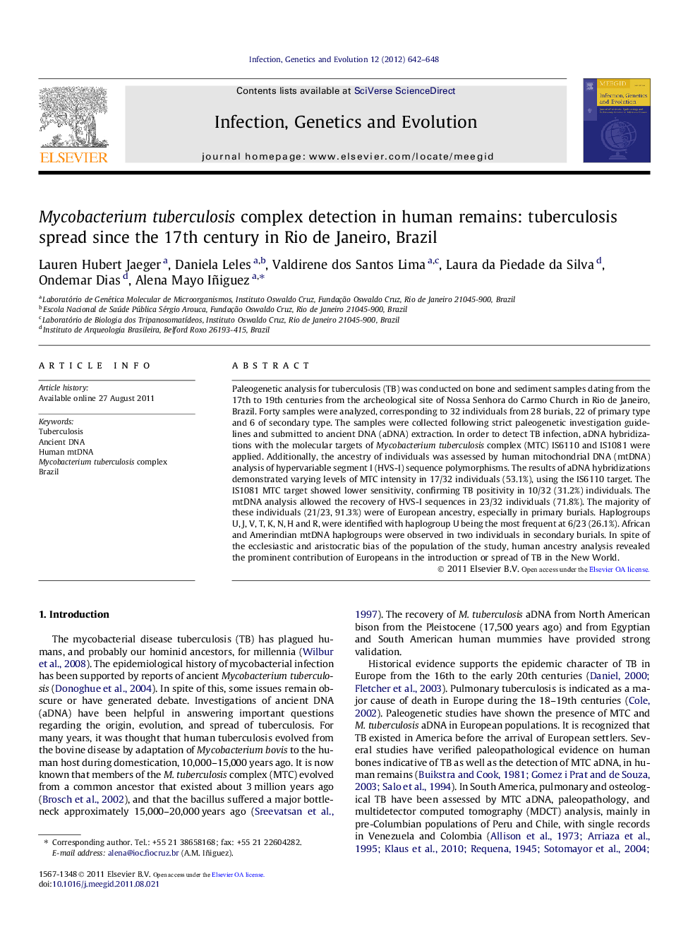 Mycobacterium tuberculosis complex detection in human remains: tuberculosis spread since the 17th century in Rio de Janeiro, Brazil