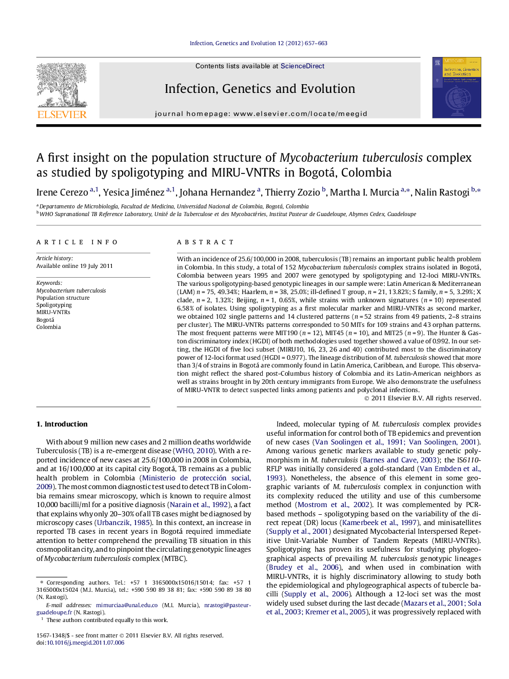 A first insight on the population structure of Mycobacterium tuberculosis complex as studied by spoligotyping and MIRU-VNTRs in Bogotá, Colombia