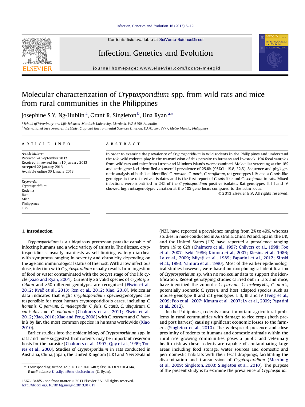 Molecular characterization of Cryptosporidium spp. from wild rats and mice from rural communities in the Philippines