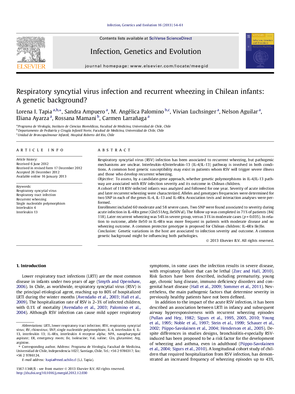 Respiratory syncytial virus infection and recurrent wheezing in Chilean infants: A genetic background?