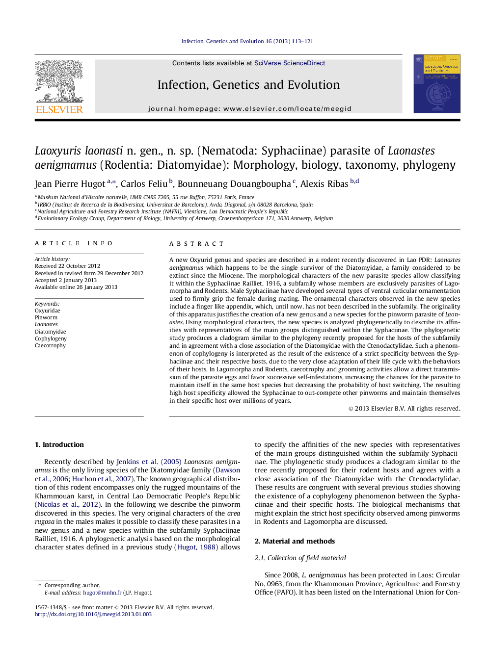 Laoxyuris laonasti n. gen., n. sp. (Nematoda: Syphaciinae) parasite of Laonastes aenigmamus (Rodentia: Diatomyidae): Morphology, biology, taxonomy, phylogeny