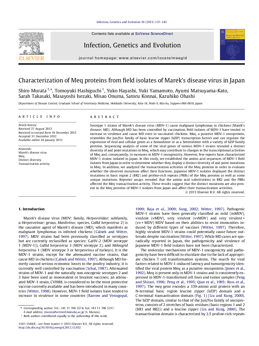 Characterization of Meq proteins from field isolates of Marek's disease virus in Japan