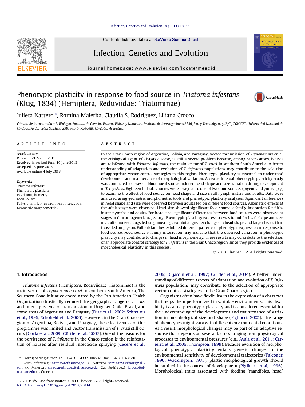 Phenotypic plasticity in response to food source in Triatoma infestans (Klug, 1834) (Hemiptera, Reduviidae: Triatominae)