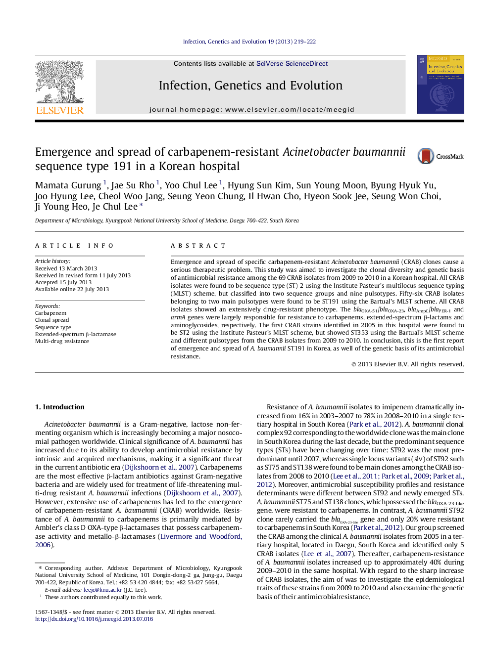 Emergence and spread of carbapenem-resistant Acinetobacter baumannii sequence type 191 in a Korean hospital