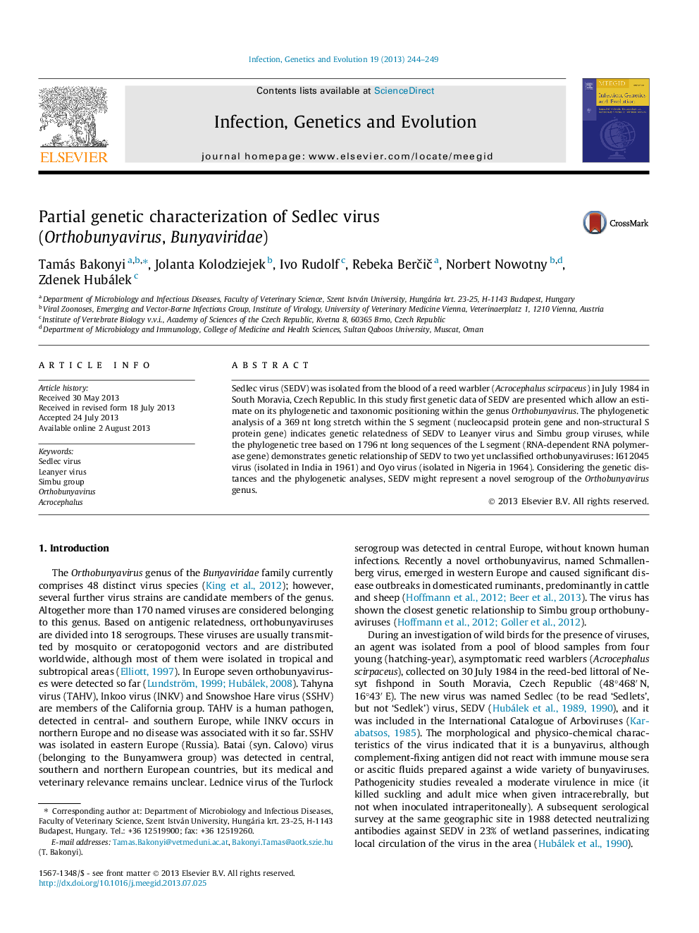 Partial genetic characterization of Sedlec virus (Orthobunyavirus, Bunyaviridae)