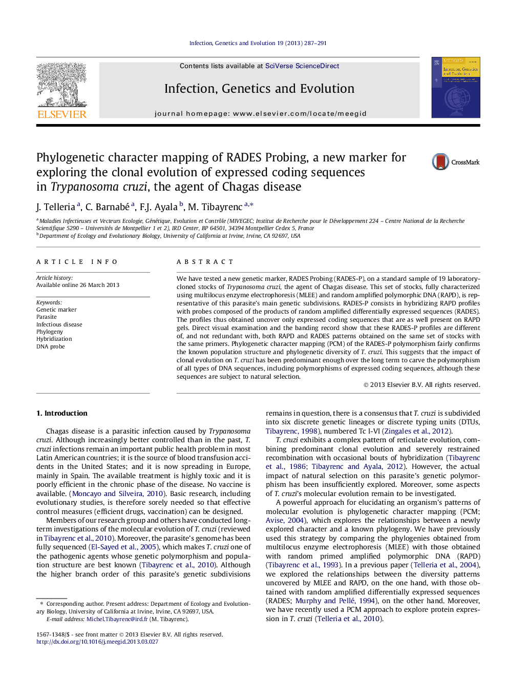 Phylogenetic character mapping of RADES Probing, a new marker for exploring the clonal evolution of expressed coding sequences in Trypanosoma cruzi, the agent of Chagas disease