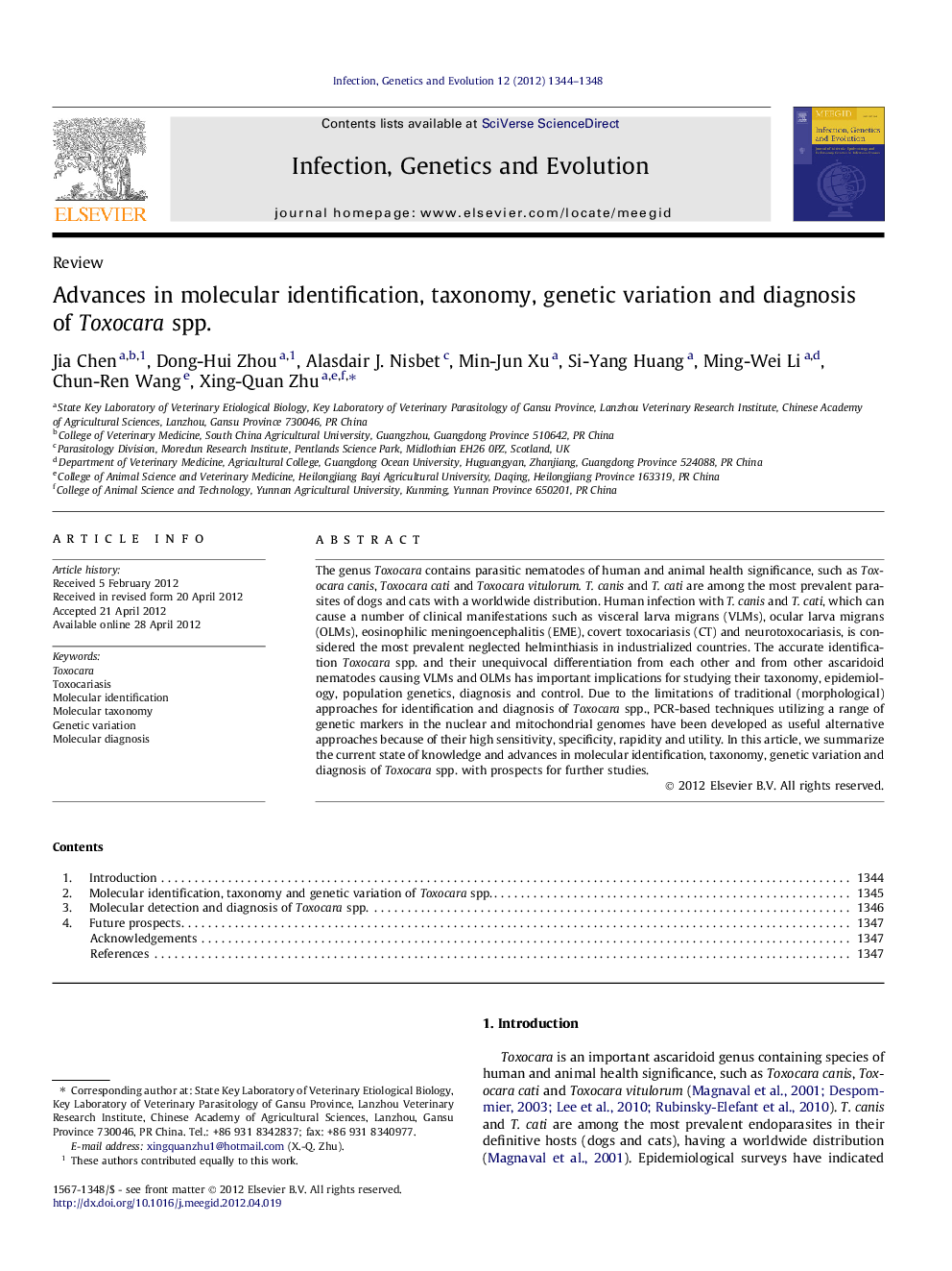 Advances in molecular identification, taxonomy, genetic variation and diagnosis of Toxocara spp.