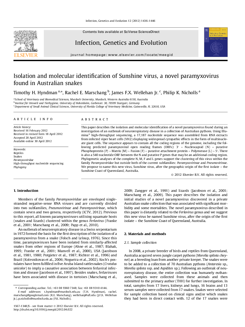 Isolation and molecular identification of Sunshine virus, a novel paramyxovirus found in Australian snakes