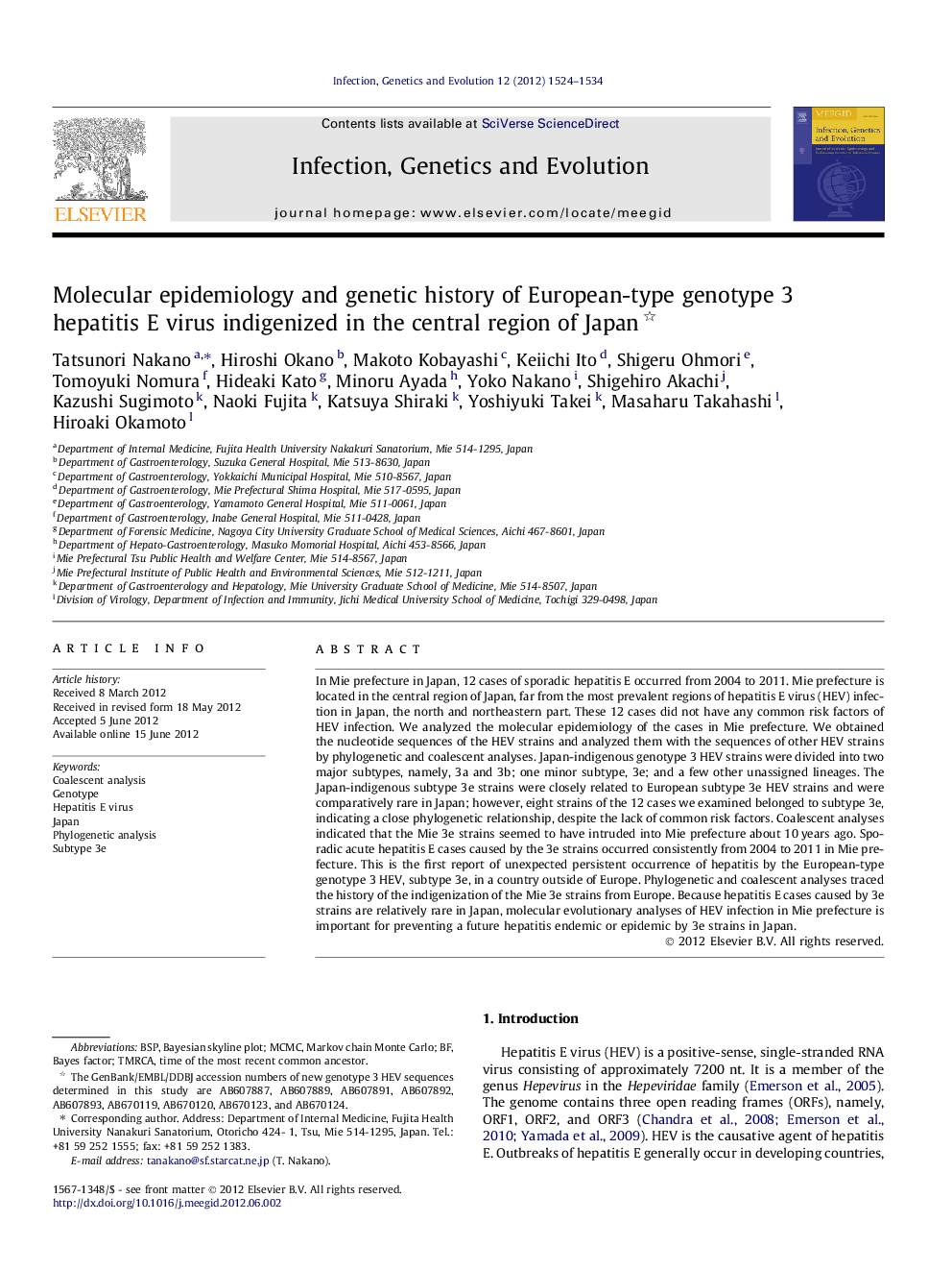 Molecular epidemiology and genetic history of European-type genotype 3 hepatitis E virus indigenized in the central region of Japan