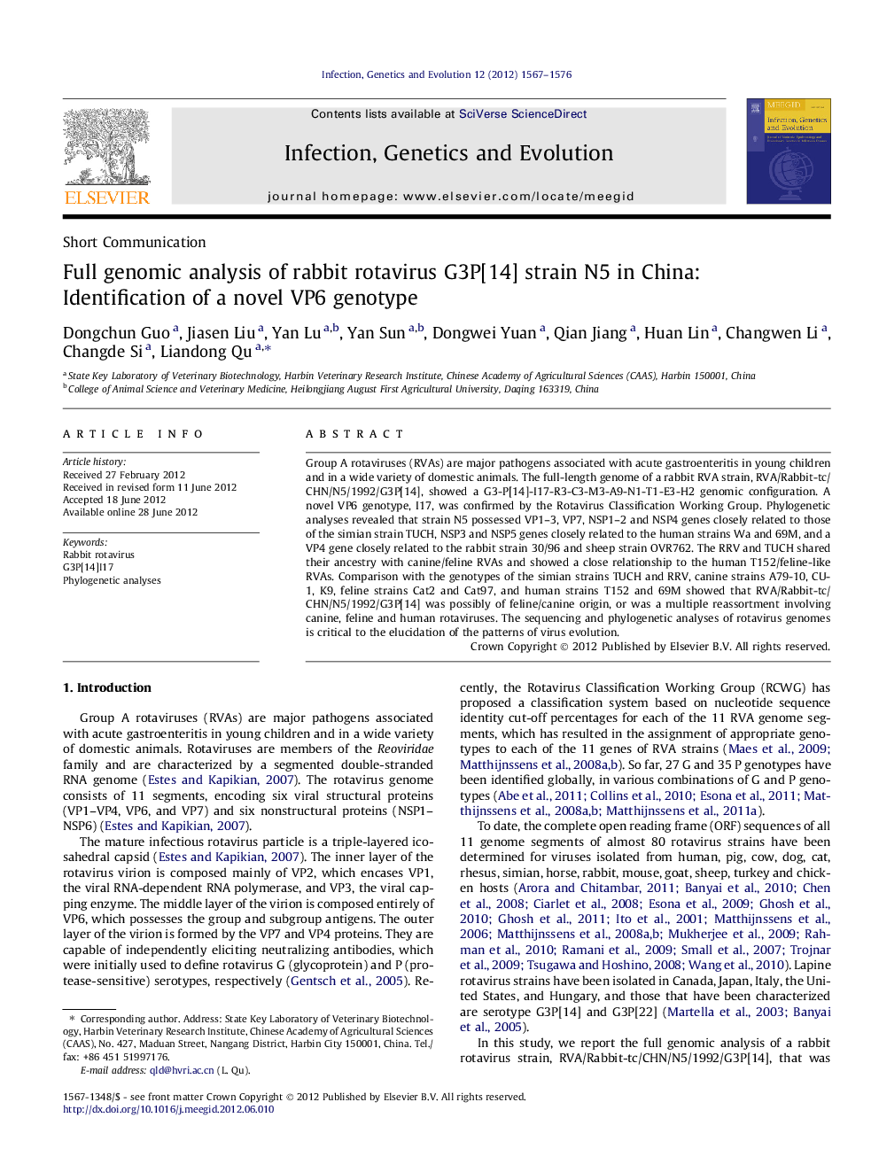 Short CommunicationFull genomic analysis of rabbit rotavirus G3P[14] strain N5 in China: Identification of a novel VP6 genotype