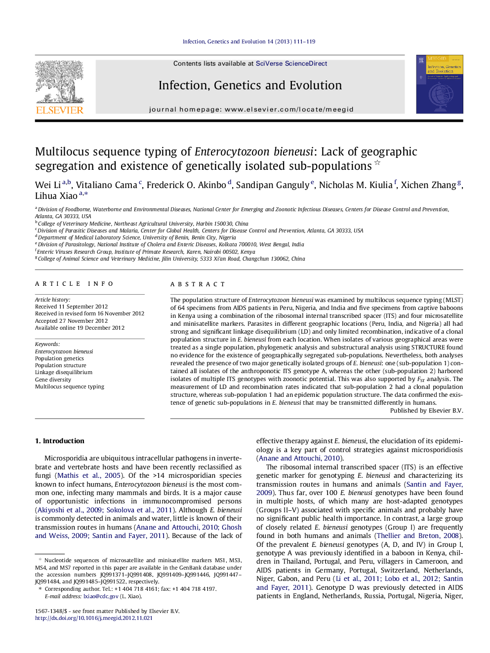 Multilocus sequence typing of Enterocytozoon bieneusi: Lack of geographic segregation and existence of genetically isolated sub-populations