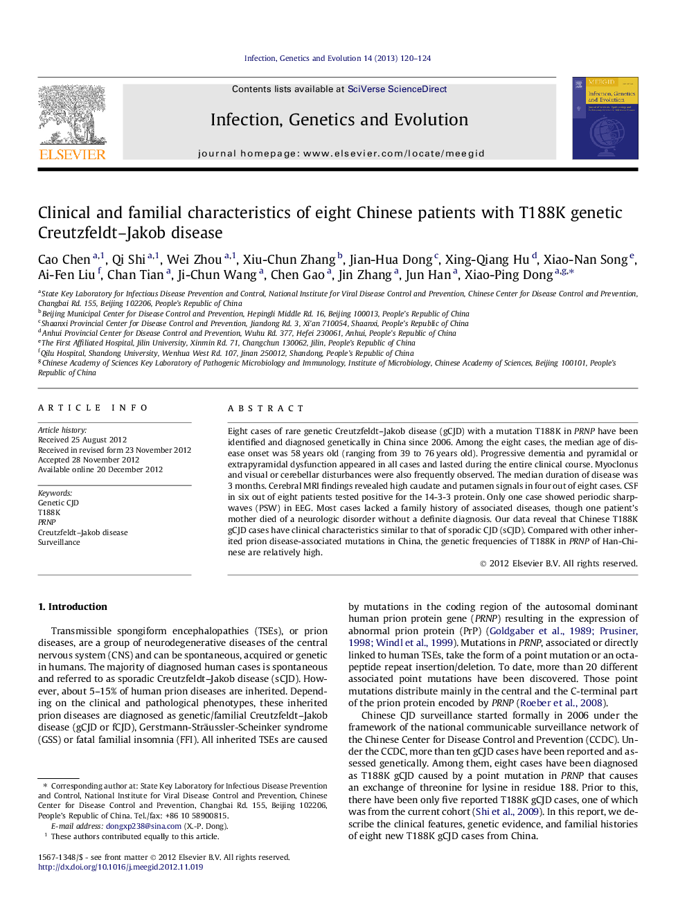 Clinical and familial characteristics of eight Chinese patients with T188K genetic Creutzfeldt-Jakob disease