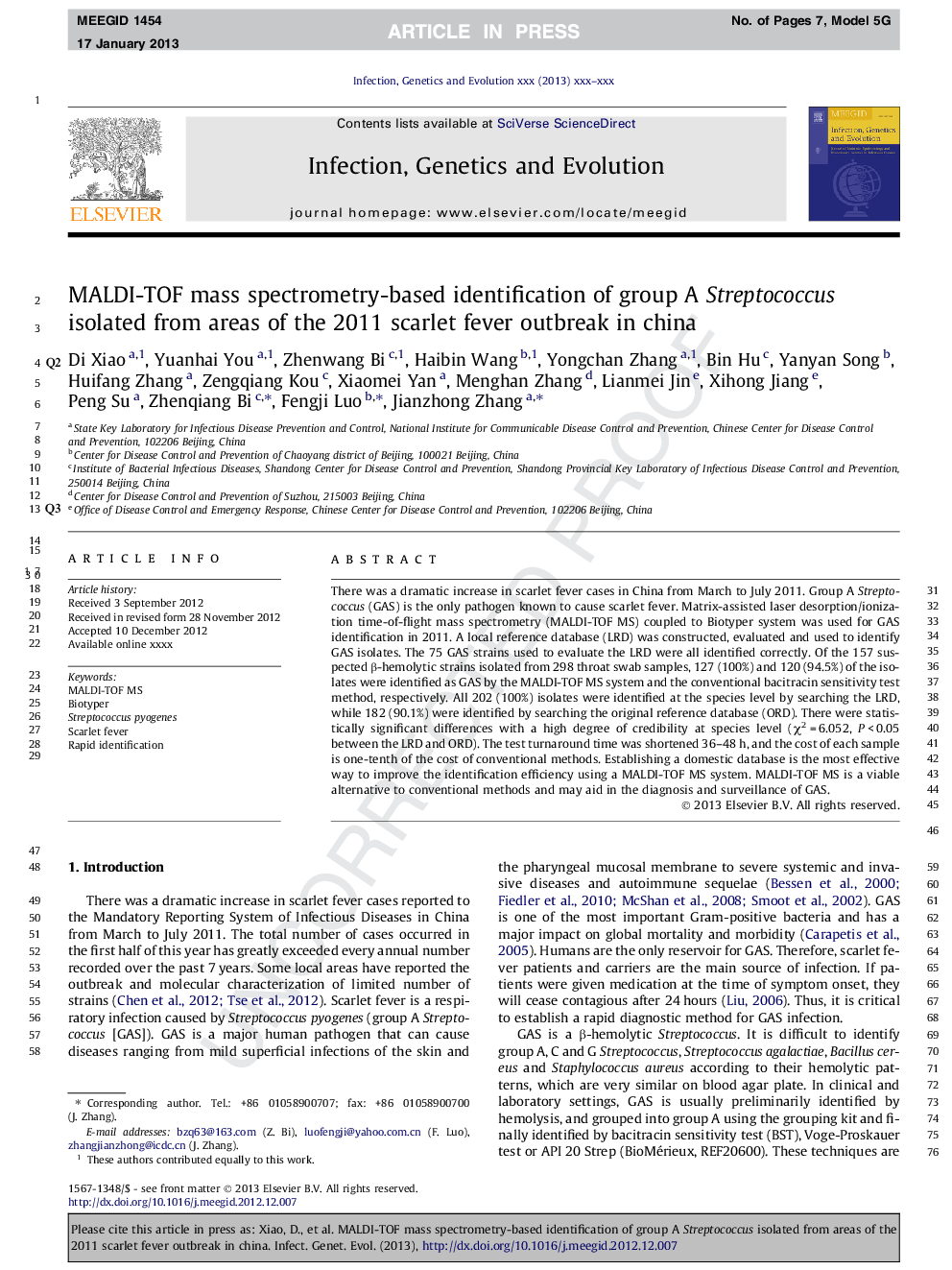 MALDI-TOF mass spectrometry-based identification of group A Streptococcus isolated from areas of the 2011 scarlet fever outbreak in china