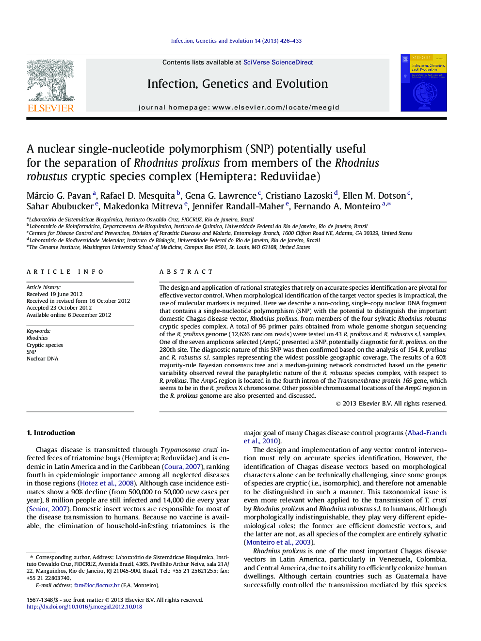 A nuclear single-nucleotide polymorphism (SNP) potentially useful for the separation of Rhodnius prolixus from members of the Rhodnius robustus cryptic species complex (Hemiptera: Reduviidae)