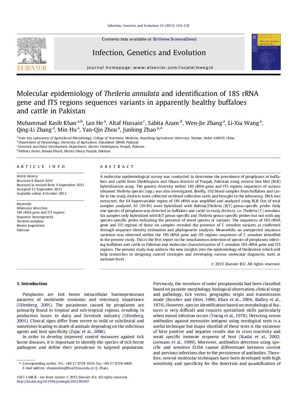 Molecular epidemiology of Theileria annulata and identification of 18S rRNA gene and ITS regions sequences variants in apparently healthy buffaloes and cattle in Pakistan