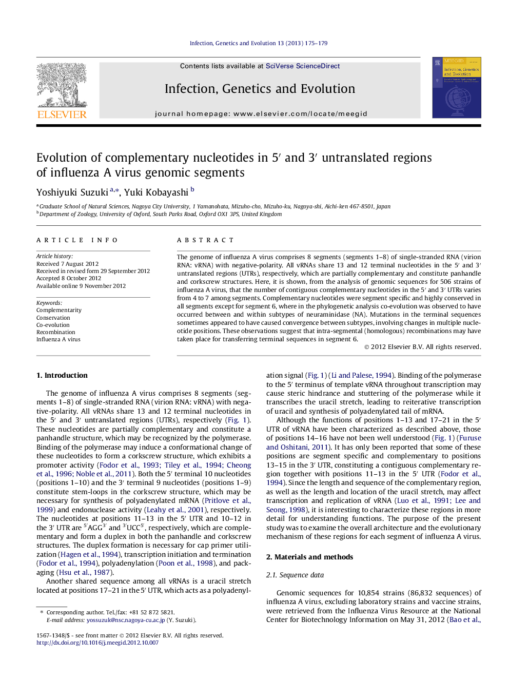 Evolution of complementary nucleotides in 5â² and 3â² untranslated regions of influenza A virus genomic segments