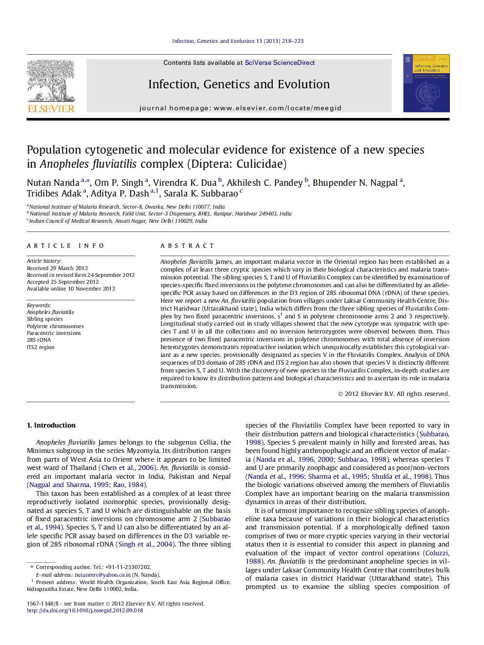 Population cytogenetic and molecular evidence for existence of a new species in Anopheles fluviatilis complex (Diptera: Culicidae)