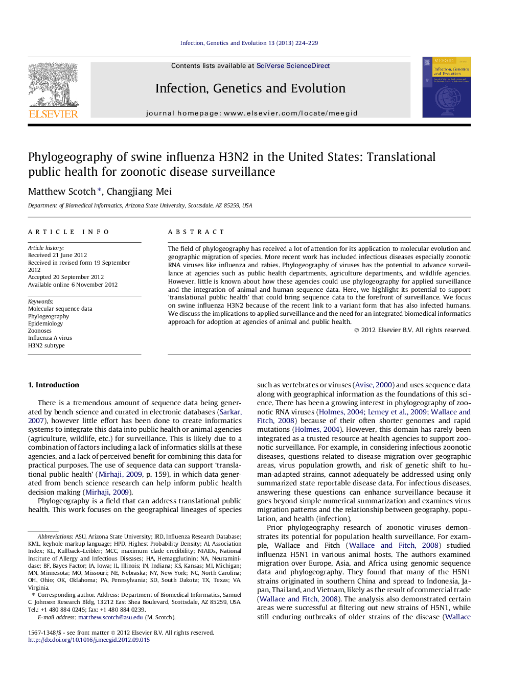 عکس صفحه اول مقاله: Phylogeography of swine influenza H3N2 in the United States: Translational public health for zoonotic disease surveillance Phylogeography of swine influenza H3N2 in the United States: Translational public health for zoonotic disease surveillance