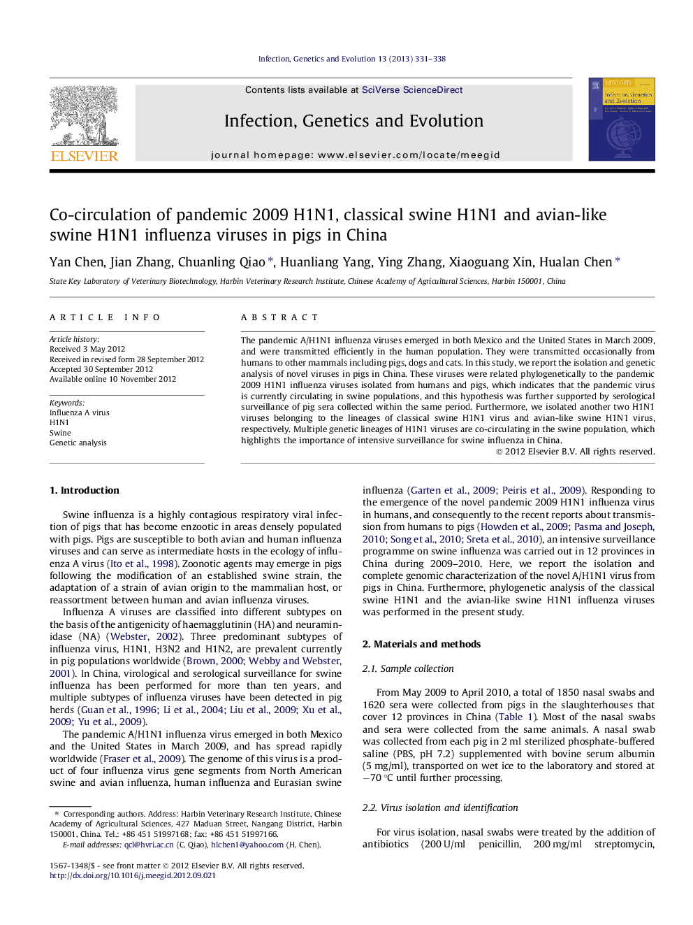 Co-circulation of pandemic 2009 H1N1, classical swine H1N1 and avian-like swine H1N1 influenza viruses in pigs in China