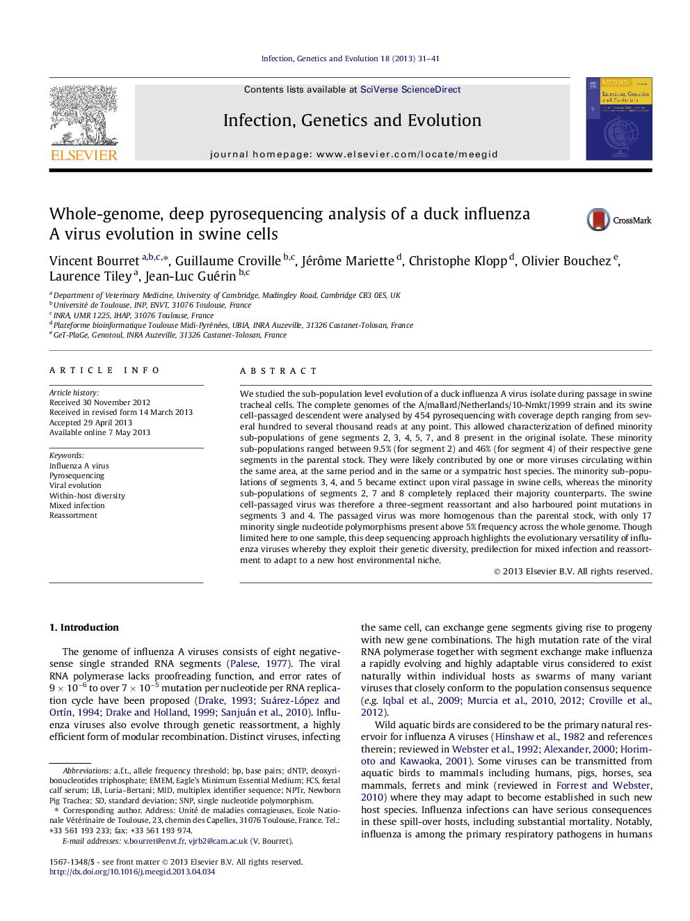 Whole-genome, deep pyrosequencing analysis of a duck influenza A virus evolution in swine cells