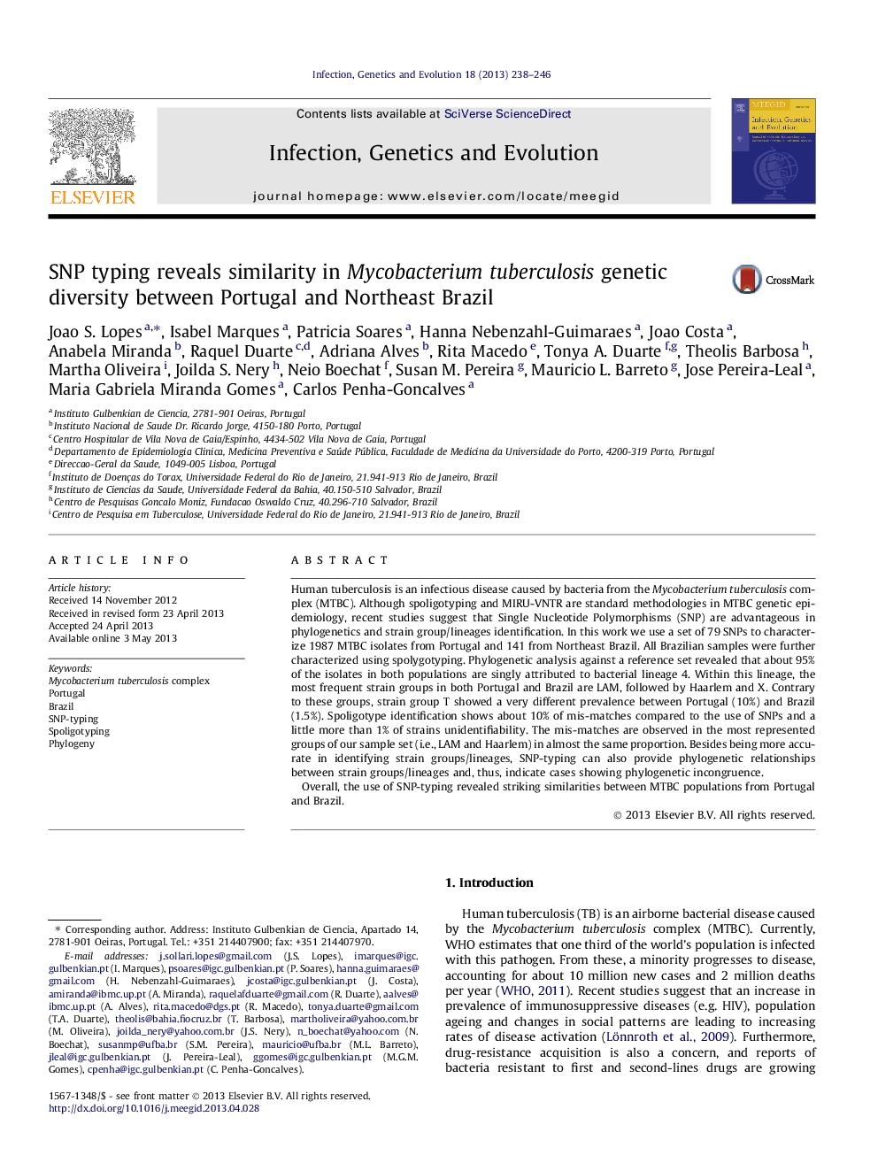 SNP typing reveals similarity in Mycobacterium tuberculosis genetic diversity between Portugal and Northeast Brazil