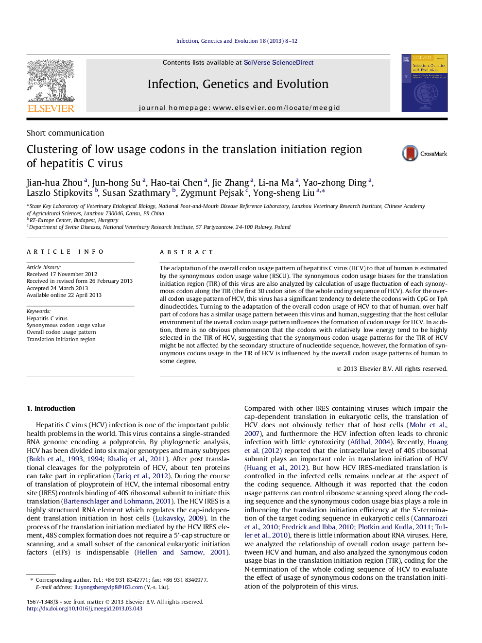 Clustering of low usage codons in the translation initiation region of hepatitis C virus