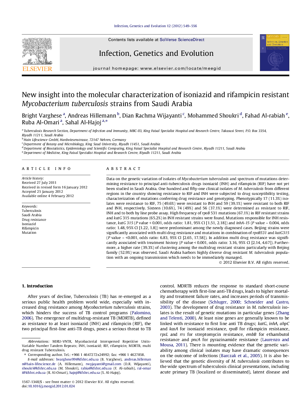 New insight into the molecular characterization of isoniazid and rifampicin resistant Mycobacterium tuberculosis strains from Saudi Arabia