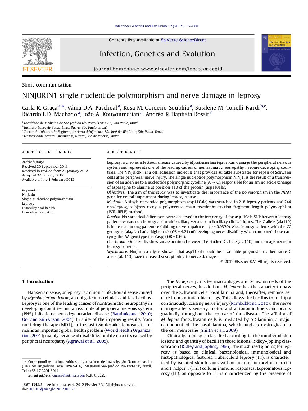 NINJURIN1 single nucleotide polymorphism and nerve damage in leprosy