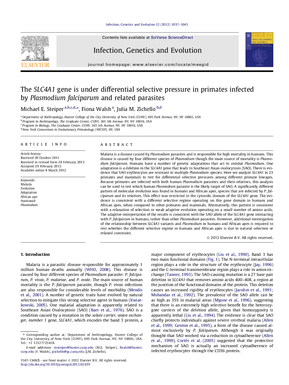 The SLC4A1 gene is under differential selective pressure in primates infected by Plasmodium falciparum and related parasites