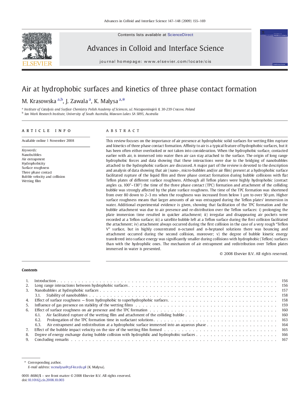 Air at hydrophobic surfaces and kinetics of three phase contact formation