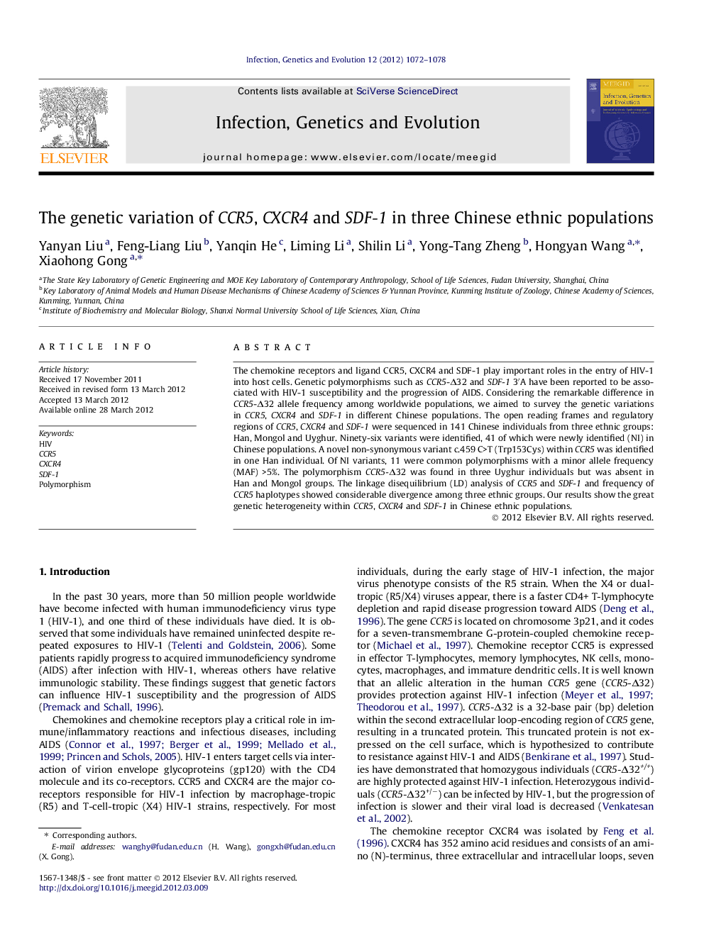 The genetic variation of CCR5, CXCR4 and SDF-1 in three Chinese ethnic populations