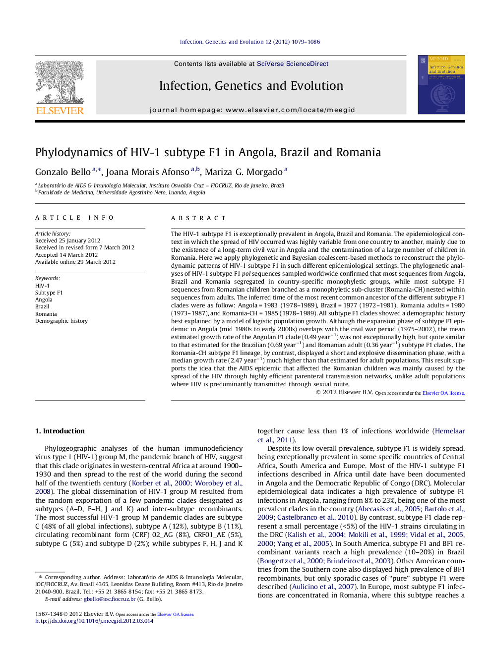 Phylodynamics of HIV-1 subtype F1 in Angola, Brazil and Romania