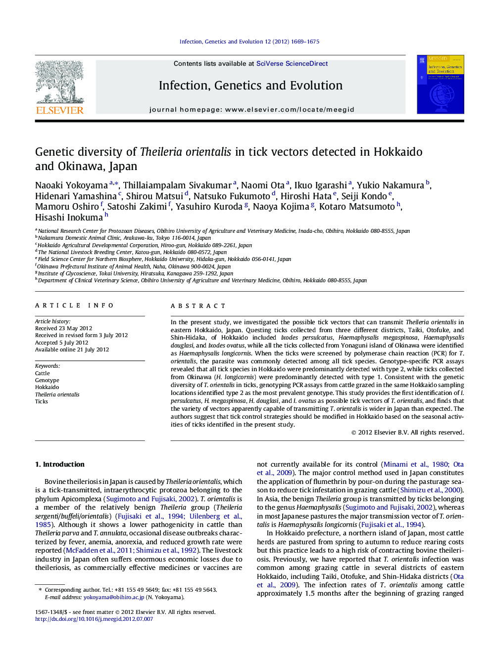 Genetic diversity of Theileria orientalis in tick vectors detected in Hokkaido and Okinawa, Japan