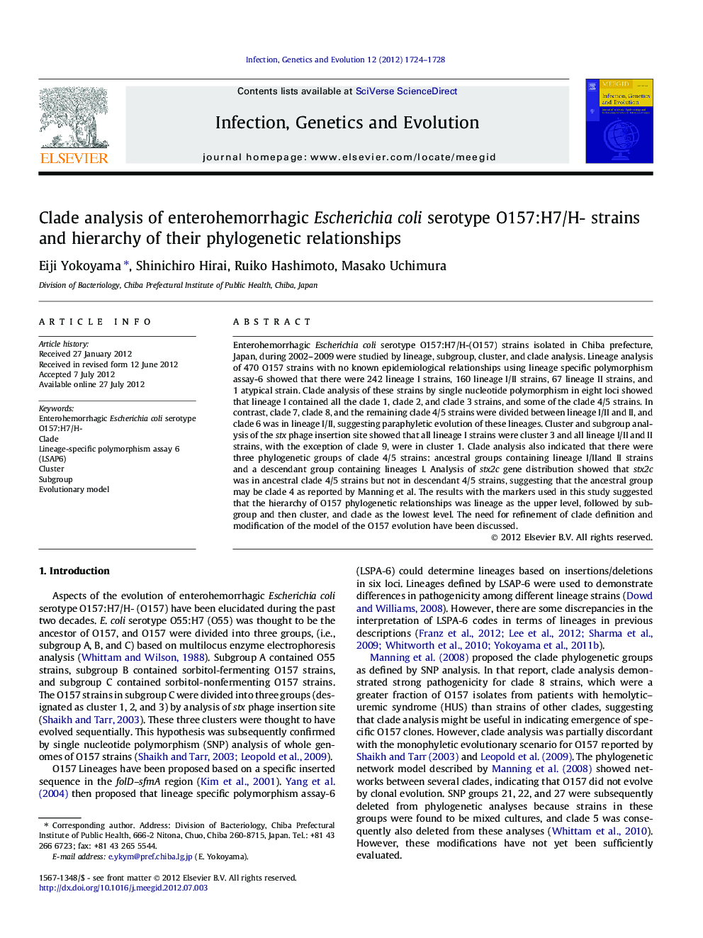 Clade analysis of enterohemorrhagic Escherichia coli serotype O157:H7/H- strains and hierarchy of their phylogenetic relationships