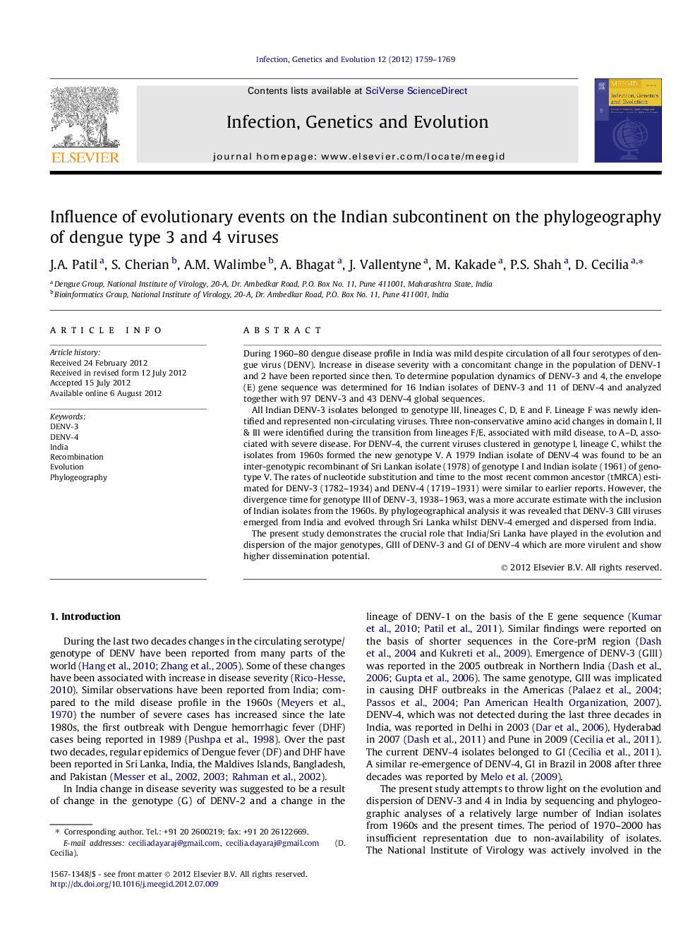 Influence of evolutionary events on the Indian subcontinent on the phylogeography of dengue type 3 and 4 viruses