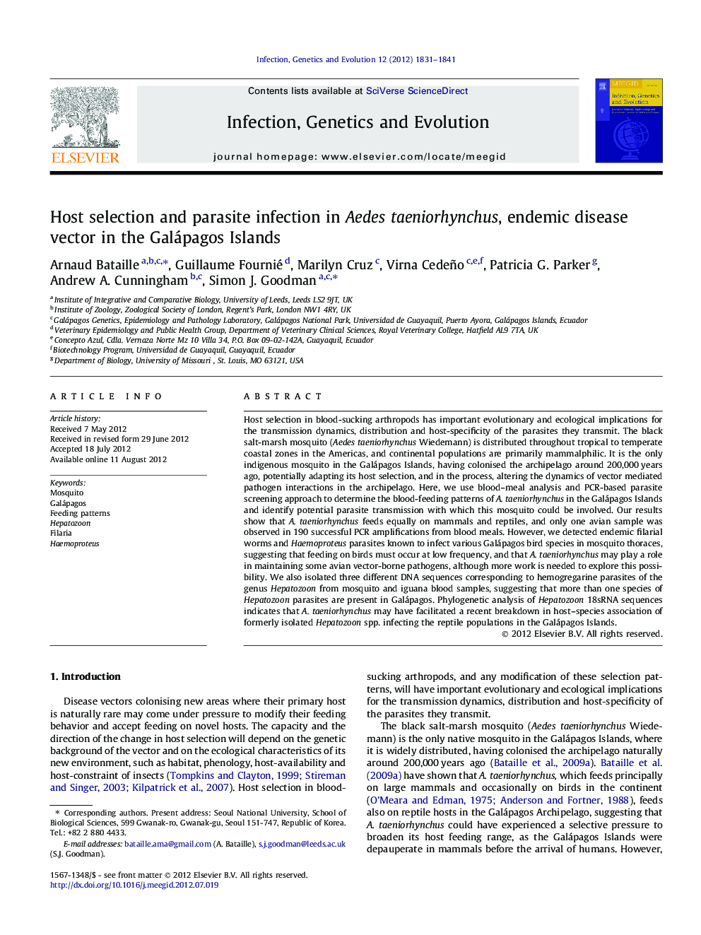 Host selection and parasite infection in Aedes taeniorhynchus, endemic disease vector in the Galápagos Islands