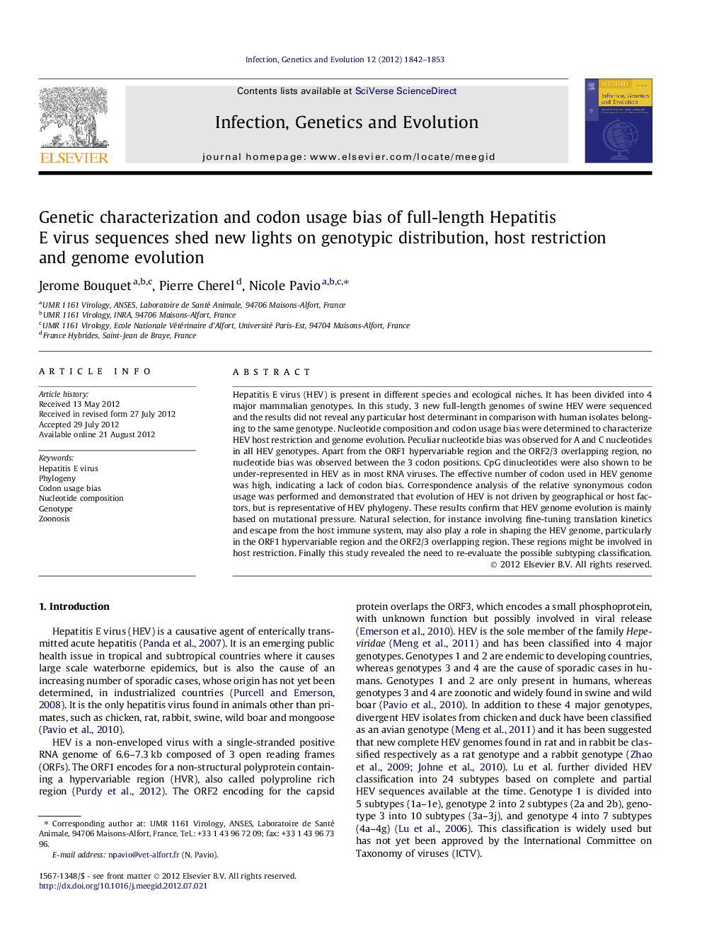 عکس صفحه اول مقاله: Genetic characterization and codon usage bias of full-length Hepatitis E virus sequences shed new lights on genotypic distribution, host restriction and genome evolution Genetic characterization and codon usage bias of full-length Hepatitis E virus sequences shed new lights on genotypic distribution, host restriction and genome evolution