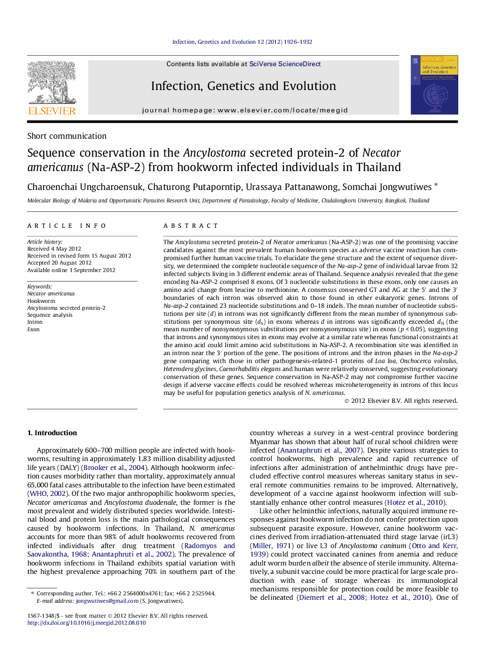 Sequence conservation in the Ancylostoma secreted protein-2 of Necator americanus (Na-ASP-2) from hookworm infected individuals in Thailand