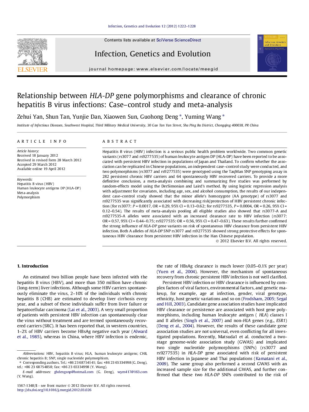 Relationship between HLA-DP gene polymorphisms and clearance of chronic hepatitis B virus infections: Case-control study and meta-analysis