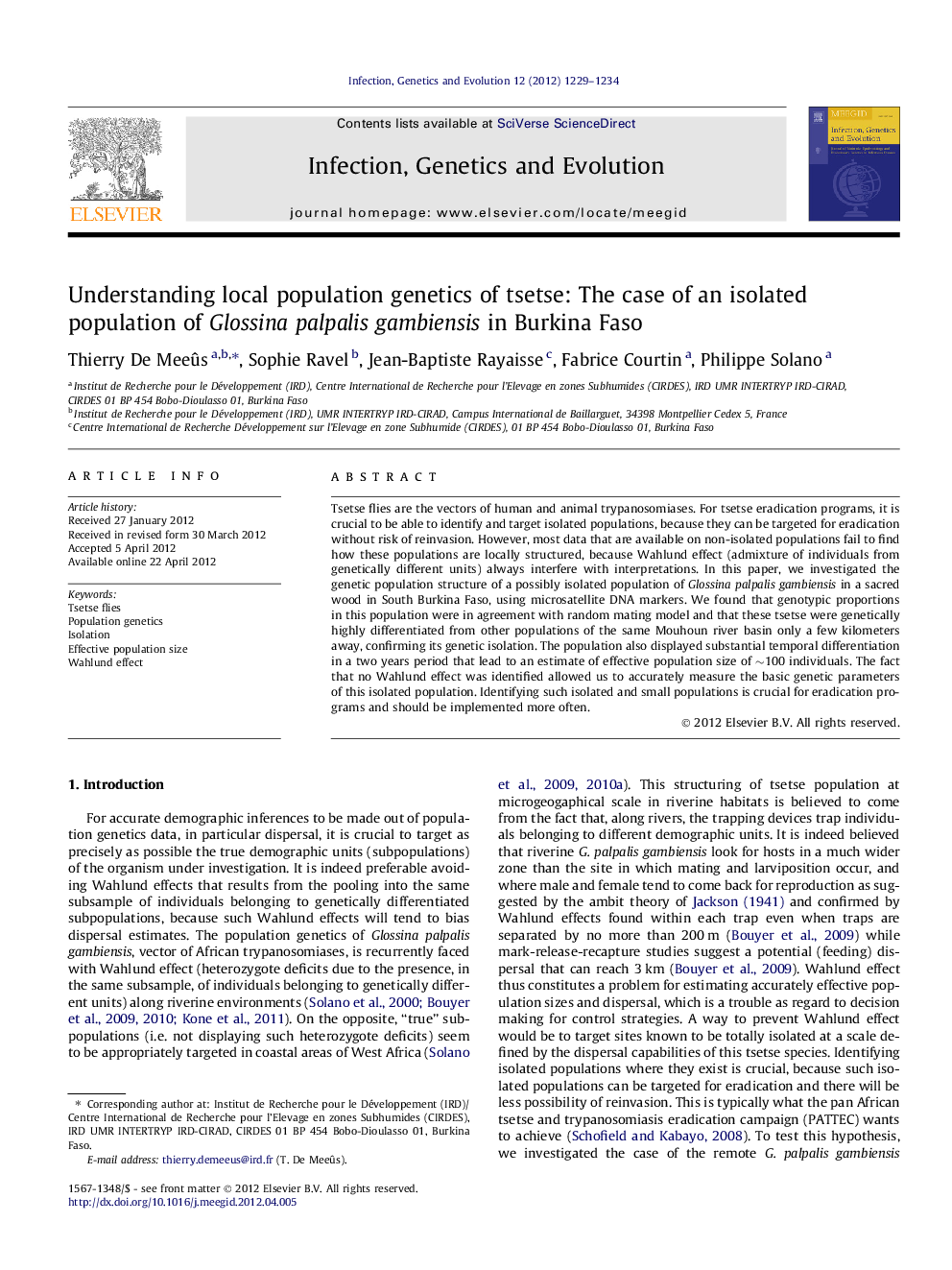 Understanding local population genetics of tsetse: The case of an isolated population of Glossina palpalis gambiensis in Burkina Faso