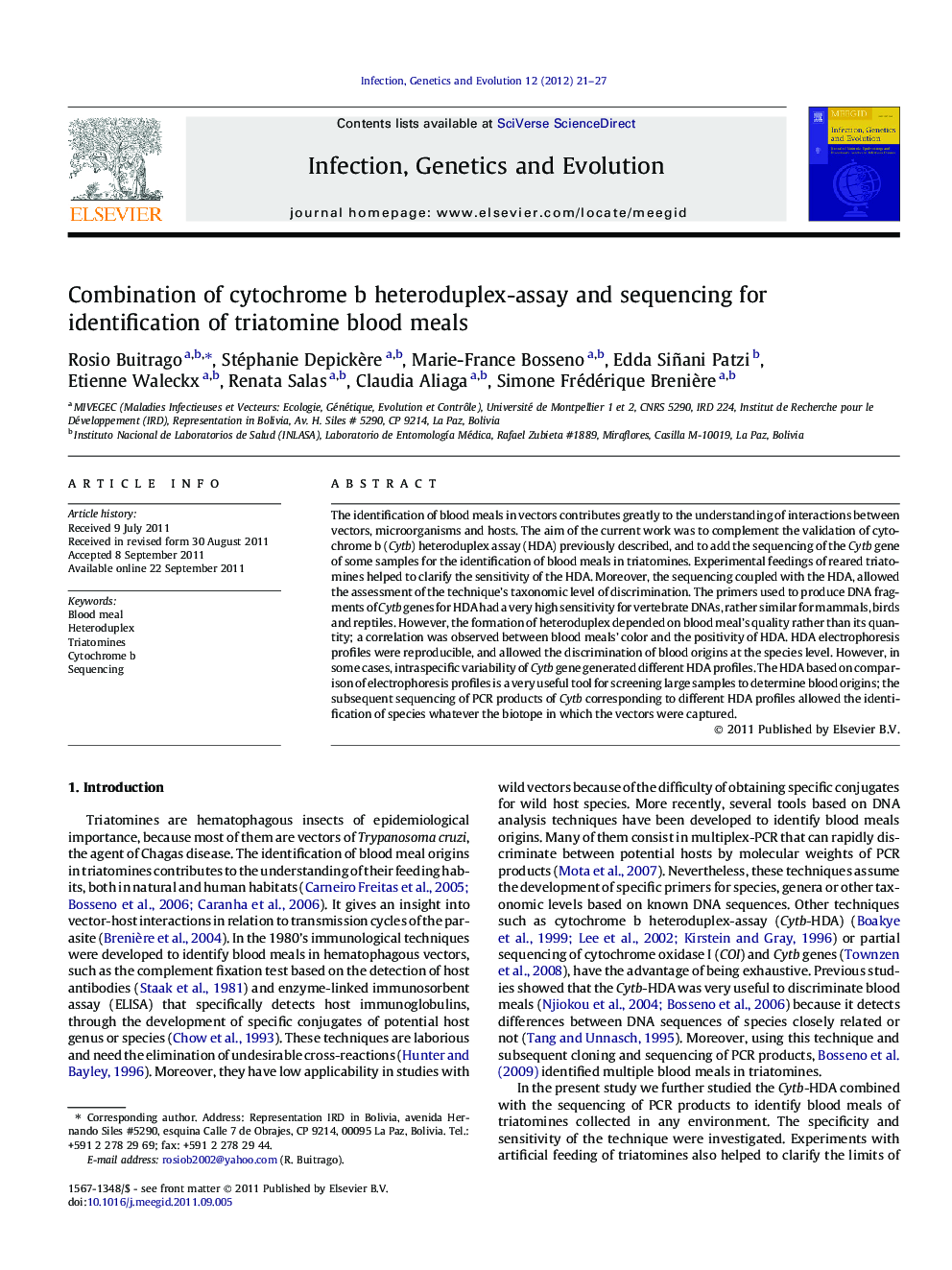 Combination of cytochrome b heteroduplex-assay and sequencing for identification of triatomine blood meals