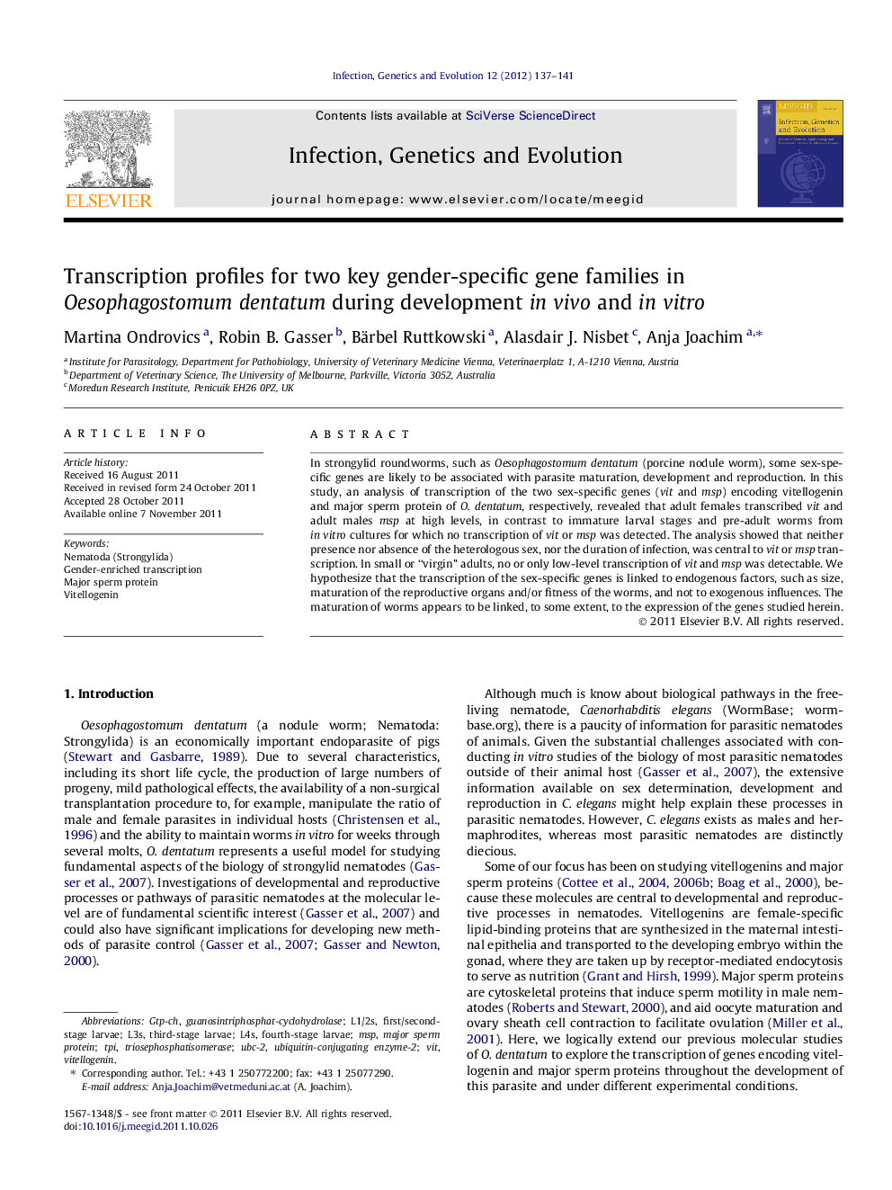 Transcription profiles for two key gender-specific gene families in Oesophagostomum dentatum during development in vivo and in vitro