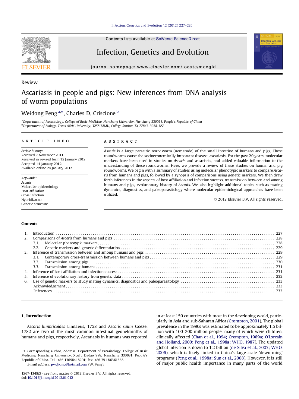 Ascariasis in people and pigs: New inferences from DNA analysis of worm populations