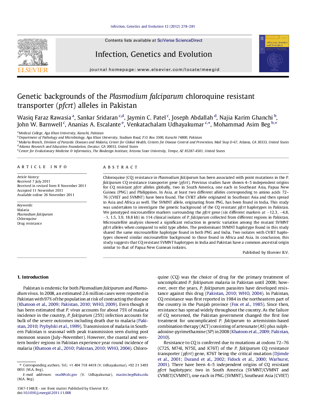 Genetic backgrounds of the Plasmodium falciparum chloroquine resistant transporter (pfcrt) alleles in Pakistan