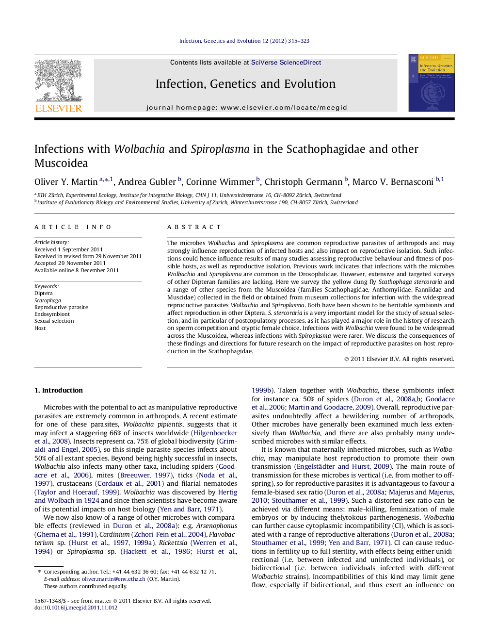 Infections with Wolbachia and Spiroplasma in the Scathophagidae and other Muscoidea