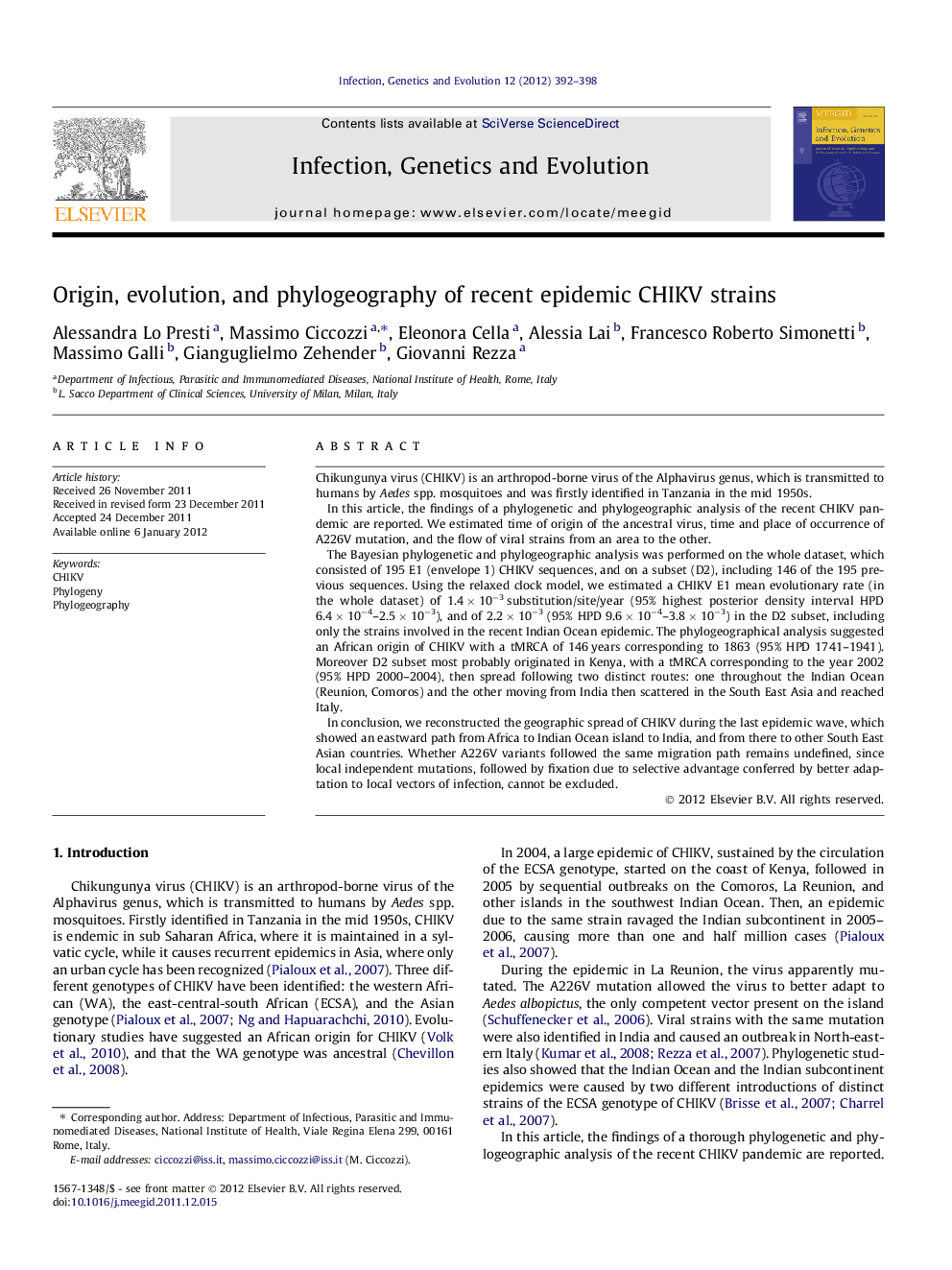 Origin, evolution, and phylogeography of recent epidemic CHIKV strains