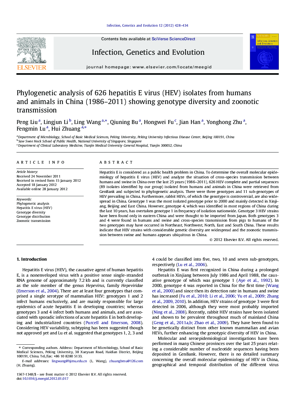 Phylogenetic analysis of 626 hepatitis E virus (HEV) isolates from humans and animals in China (1986-2011) showing genotype diversity and zoonotic transmission