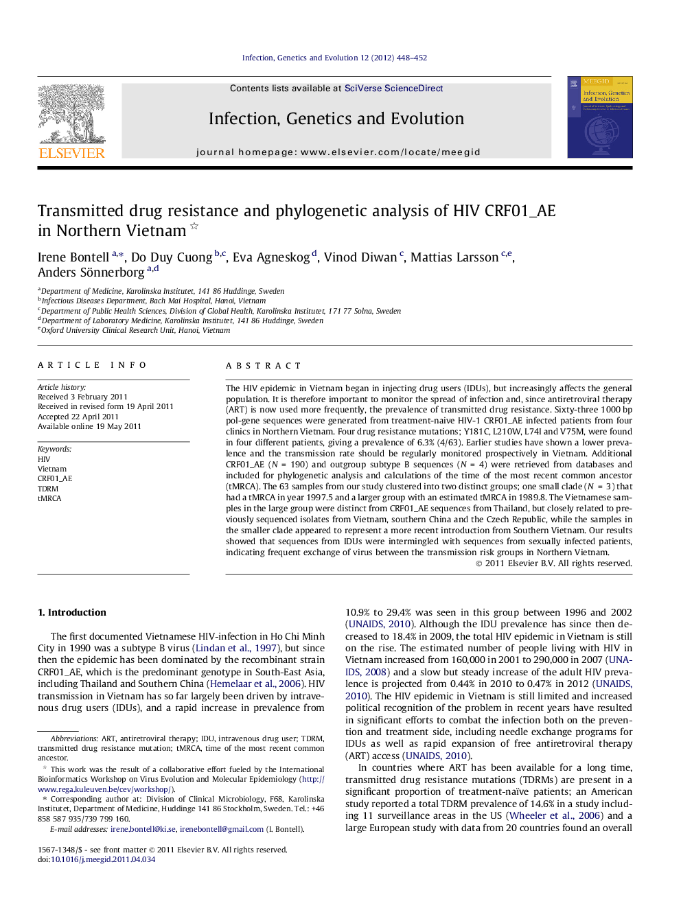 Transmitted drug resistance and phylogenetic analysis of HIV CRF01_AE in Northern Vietnam