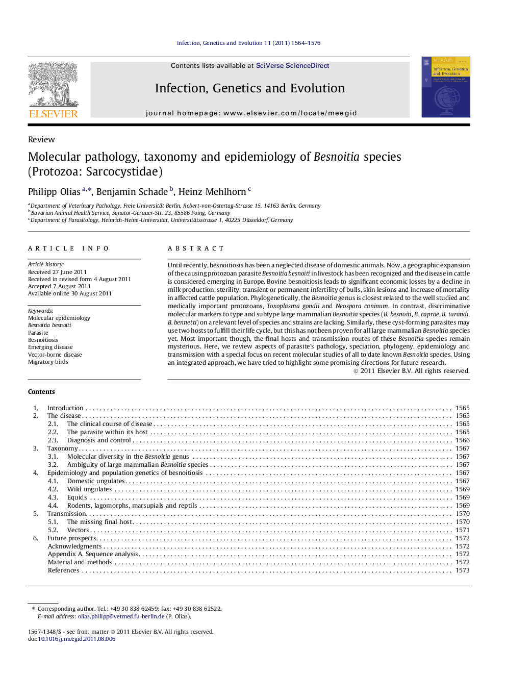 Molecular pathology, taxonomy and epidemiology of Besnoitia species (Protozoa: Sarcocystidae)