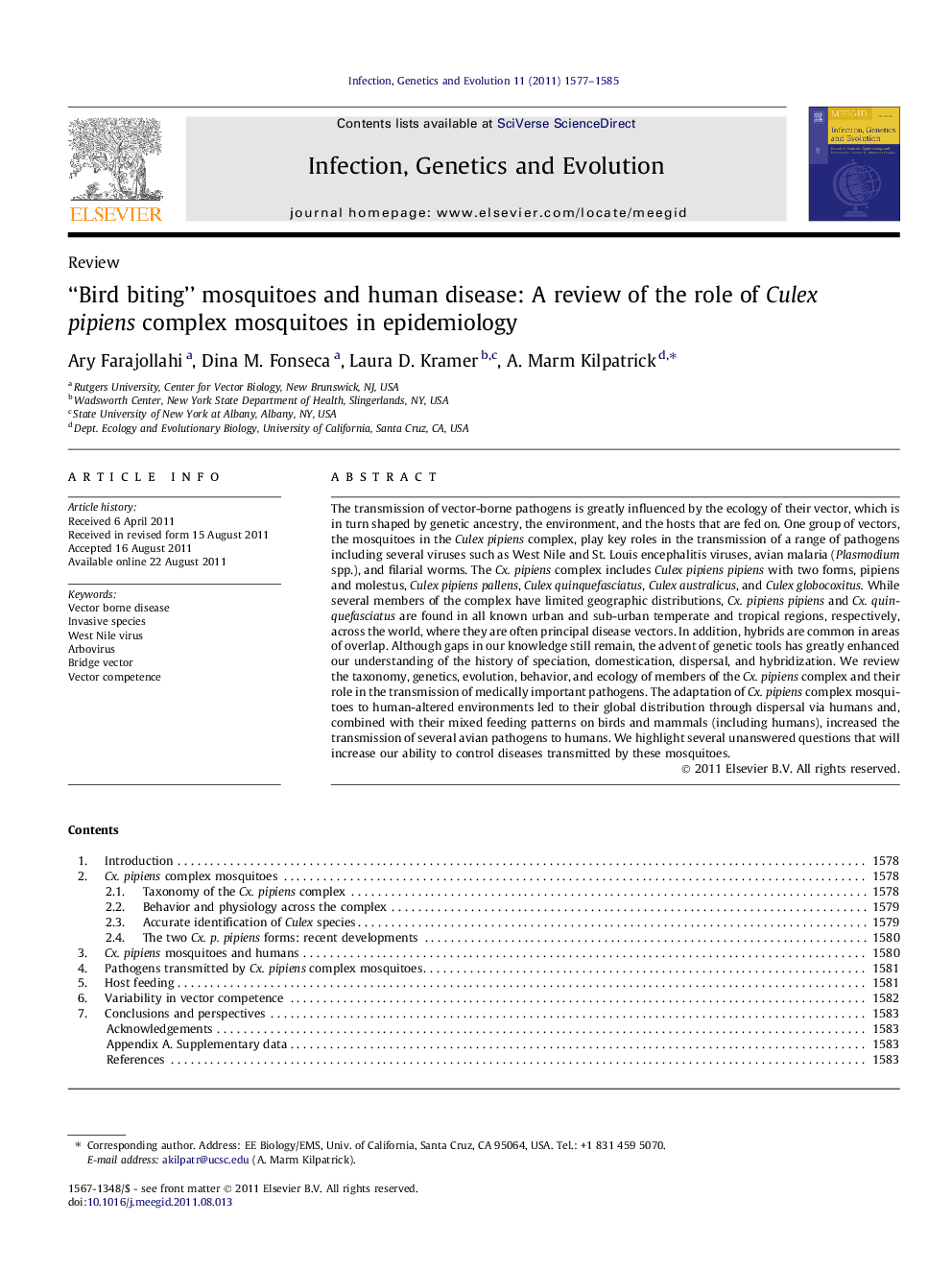 Review“Bird biting” mosquitoes and human disease: A review of the role of Culex pipiens complex mosquitoes in epidemiology